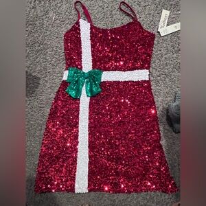 New Christmas Red Sequin Dress with Green Bow Mini sz0-2